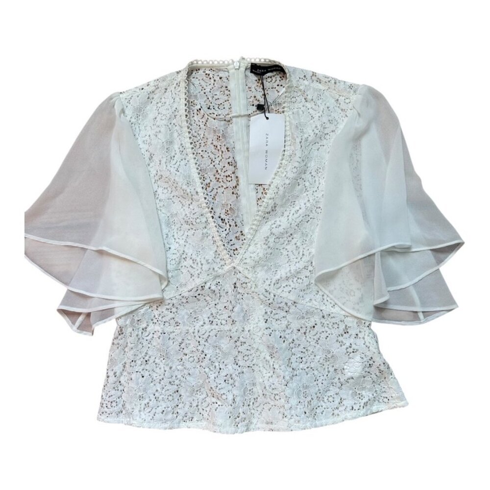 NWT Zara Women’s White Lace Blouse with Butterfly Sleeves | Size Small